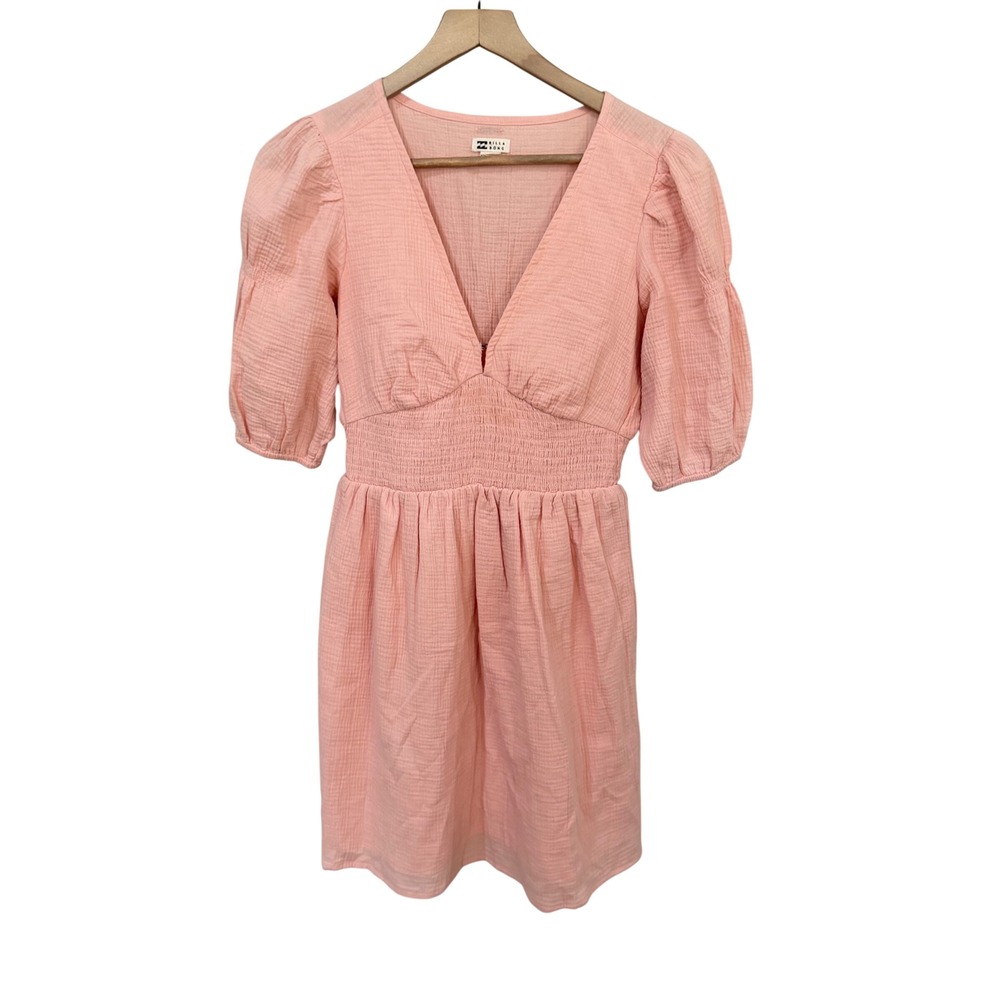 Billabong Mini Dress Small Peach Cotton Gauze Smocked Puff Sleeve V-Neck